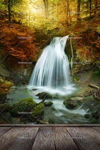 تصویر با کیفیت موکاپ آبشار و جنگل پاییزی و تخته موکاپ